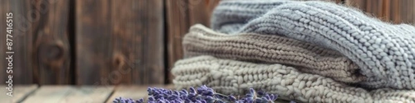 Fototapeta Lavender Fabric. Closeup Knitwear Collection with Bouquet of Lavender on Cozy Background