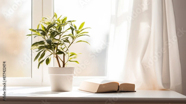 Fototapeta Potted plant and book on white table against blurred window with sun rays