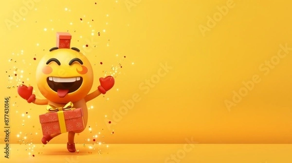 Obraz An excited emoji cartoon character with a gift box, saying goodbye with sparkles around it on a bright yellow solid background