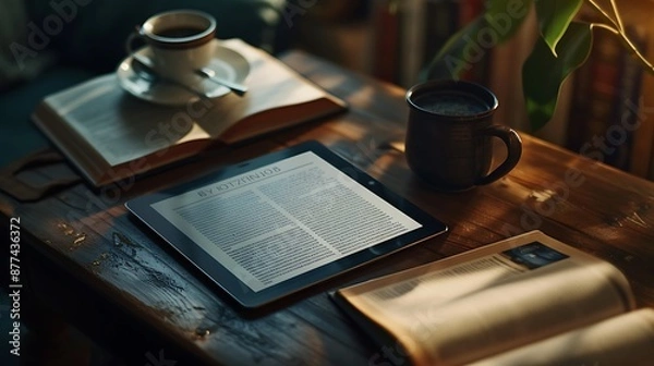 Fototapeta A close-up view of a tablet mockup displaying a creative e-book cover design, providing a realistic representation for authors and publishers, in vibrant