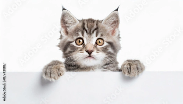 Obraz Funny gray tabby kitten showing placard with space for text. Lovely fluffy funny cat holding signboard on isolated background. Top of head of cat with paws up, peeking over a blank white banner.