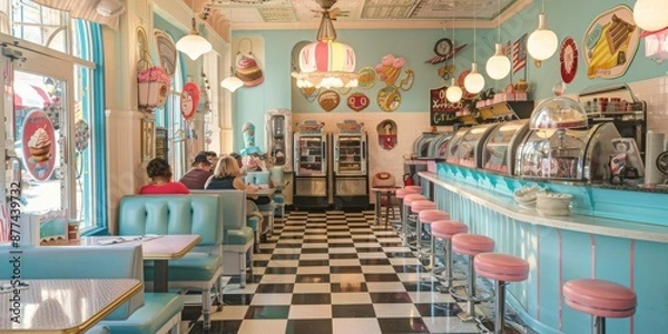 Obraz Charming Vintage Ice Cream Parlor InteriorNostalgic Decor and Soft Lighting