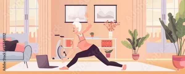 Fototapeta A senior woman is doing yoga in a living room. Illustration.