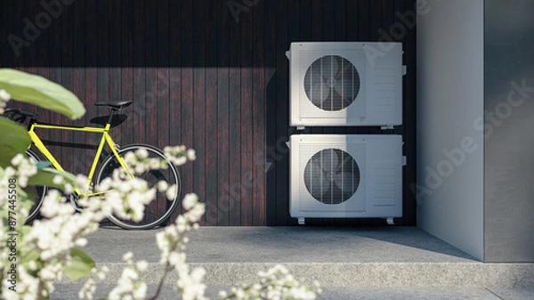 Fototapeta Air heat pump / air conditioning system installed at a modern sustainable home (detail) - 3D visualisation