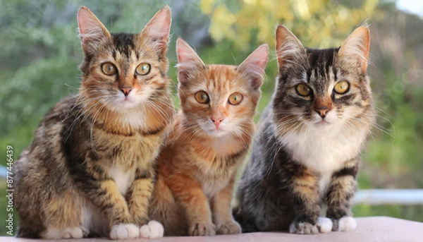 Fototapeta Funny many cats of various breeds and colors, looking expectantly at the camera.