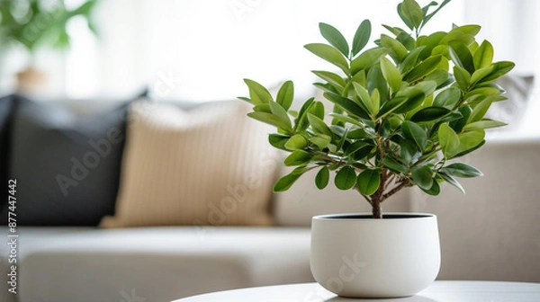 Fototapeta white potted plant on coffee table in living room with sofa and pillows