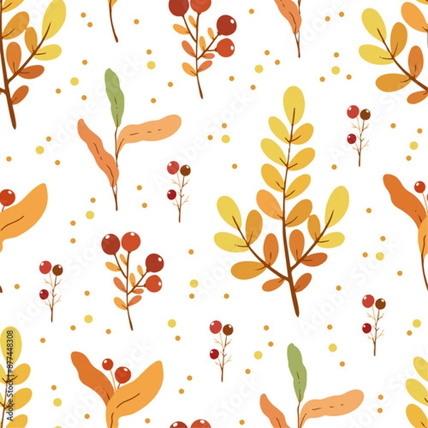 Fototapeta Seamless pattern with autumn leaves and red berries on white background, design for fabric, wallpapers	
