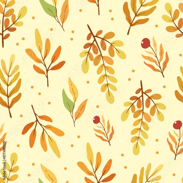 Fototapeta Seamless pattern with autumn leaves and red berries on white background, design for fabric, wallpapers	
