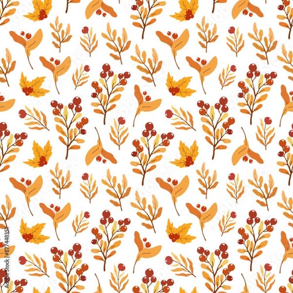 Fototapeta Seamless pattern with autumn leaves and red berries on white background, design for fabric, wallpapers	