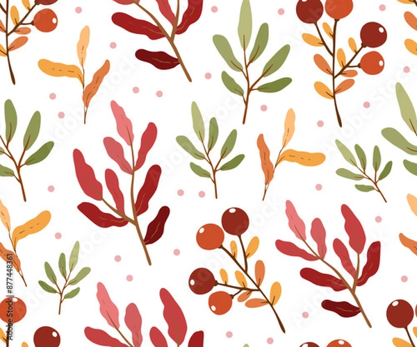 Fototapeta Seamless pattern with autumn leaves and red berries on white background, design for fabric, wallpapers	