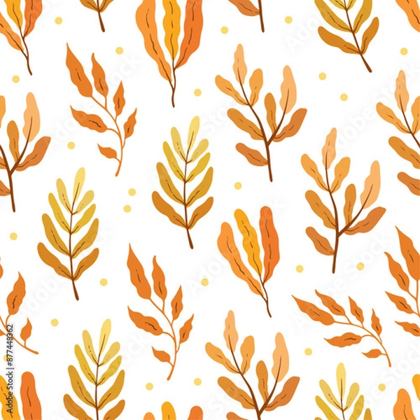 Fototapeta Seamless pattern with autumn leaves and red berries on white background, design for fabric, wallpapers	