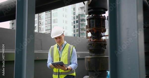Fototapeta A Engineer man looking inspecting maintenance insulated pipelines valve pump control on the roof at an industrial site. He is wearing a hard hat and safety vest