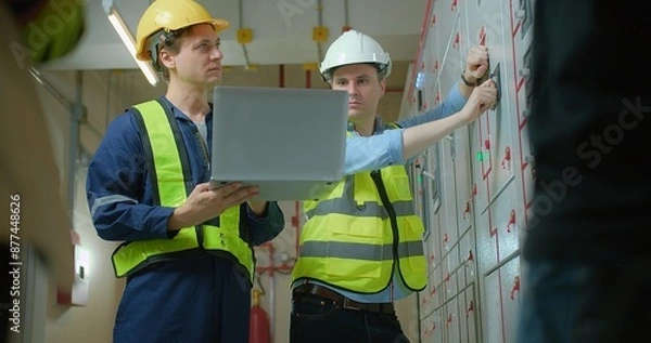 Fototapeta Two electricians electrical engineers in protective uniform checking voltage control panel screen system at electrical cabinet for generate electricity of factory in manufacture industrial