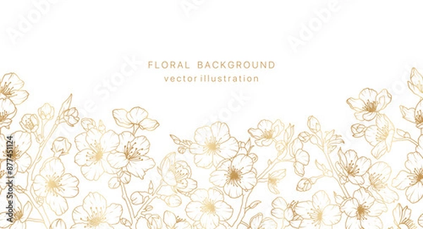 Fototapeta Gold sakura flower hand drawn background. Floral cherry blossom japanese plant leaf golden frame design. Spring vintage bouquet luxury pattern. Vector illustration nature summer card