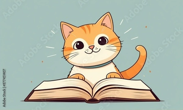 Fototapeta Illustration of cute smiling  ginger kitten study with book on pastel blue background. Funny cat reading an open book. Animal cartoon character. Back to school or uni concept. With copy space. 