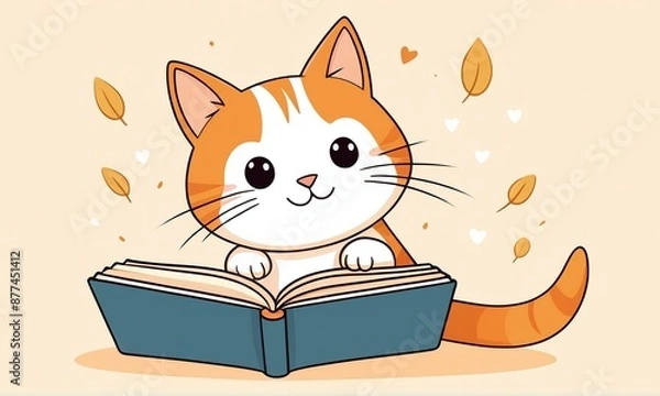 Fototapeta Illustration of cute smiling  ginger kitten study with book on light beige background. Funny cat reading an open book. Animal cartoon character. Back to school or uni concept. With copy space. 