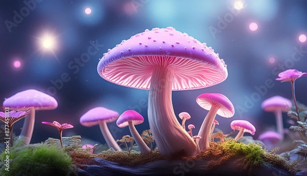 Fototapeta Abstract fantasy pink mushroom illustration of mushroom in forest. Nature mystic glowing fungus