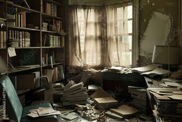 Fototapeta A cluttered, dimly-lit room with stacks of books and papers scattered on the floor and a broken window with tattered curtains.
