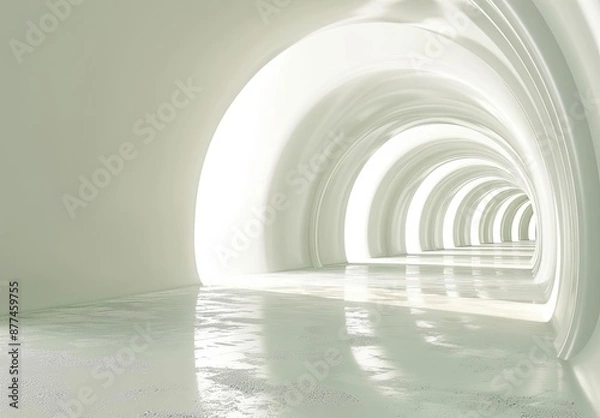 Obraz Futuristic White Tunnel with Curved Walls and Reflective Floor