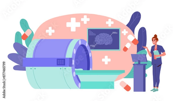 Fototapeta Body Xray machine. Woman in medical uniform with pills near mri scanner. Examination and diagnosis. Healthcare and treatment, medicine. Cartoon vector illustration isolated on white background