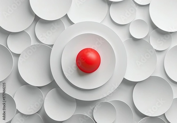 Fototapeta Minimalistic Abstract Art with Red Sphere on White Circular Background