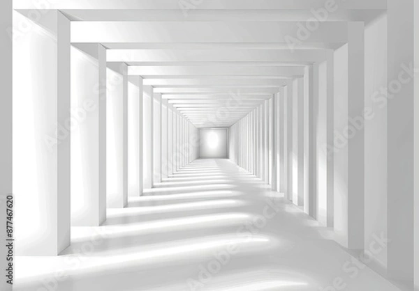 Fototapeta White Futuristic Hallway with Pillars and Geometric Light Patterns