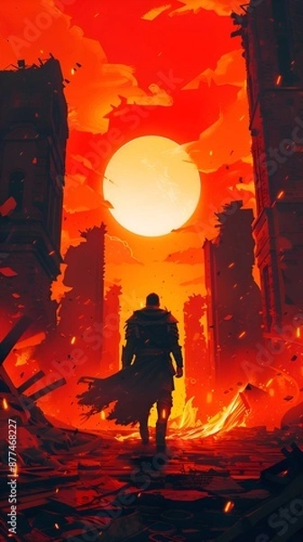 Fototapeta A fantasy scene with a character walking through a fiery landscape where the sun is setting, casting a warm orange glow.