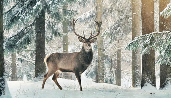 Fototapeta Noble deer male in winter snow forest. Artistic winter christmas landscape.