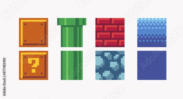 Fototapeta Pixel art square blocks. 8 bit platform tiles. Game development, mobile app template. Texture grid vector illustration. 