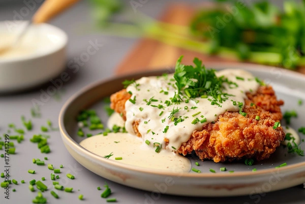 Fototapeta Close-up of chicken fried steak with creamy gravy and herbs