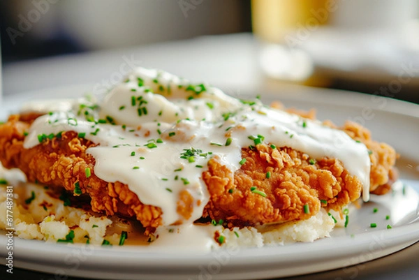 Fototapeta Close-up of chicken fried steak with white gravy on a plate