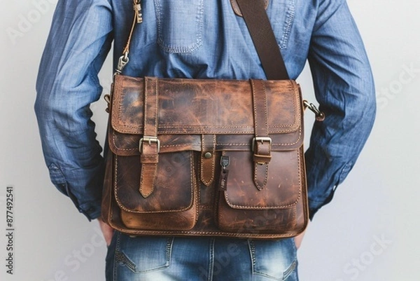 Fototapeta Stylish Brown Leather Messenger Bag with Multiple Pockets