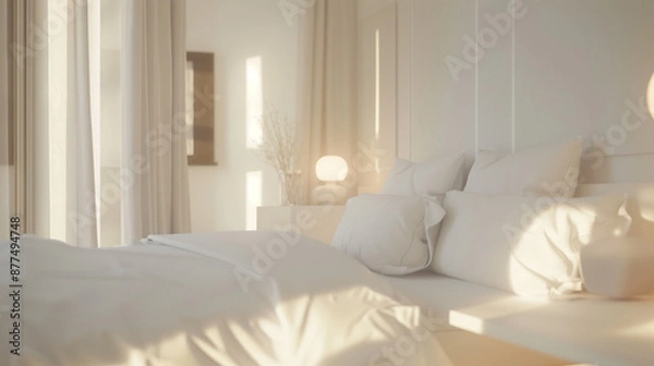 Fototapeta A close-up of a modern bedroom with minimalist decor with white walls, furniture and soft lighting in a boutique hotel.