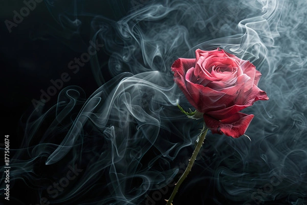 Fototapeta A red rose is the only thing visible in a black and white photo of smoke, generative ai image.