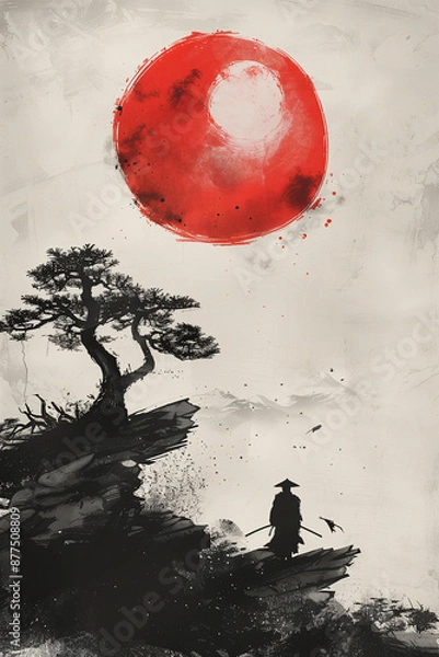 Fototapeta A minimalist illustration of a lone samurai on a cliff with a red sun in the background. Perfect for themes of Japanese culture and tradition.

