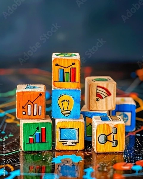 Obraz Dynamic Business Concepts: Colorful Wooden Blocks with Vibrant Icons on Sleek Surface