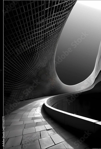 Fototapeta A black and white photo of a modern architectural structure with curved lines and dramatic lighting. Perfect for themes of architecture, design, and minimalism.

