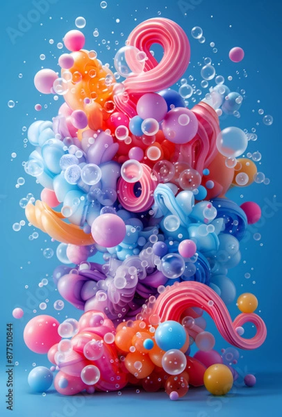 Fototapeta A colorful abstract composition with various shapes and bubbles on a blue background. Perfect for themes of creativity, fun, and modern art.

