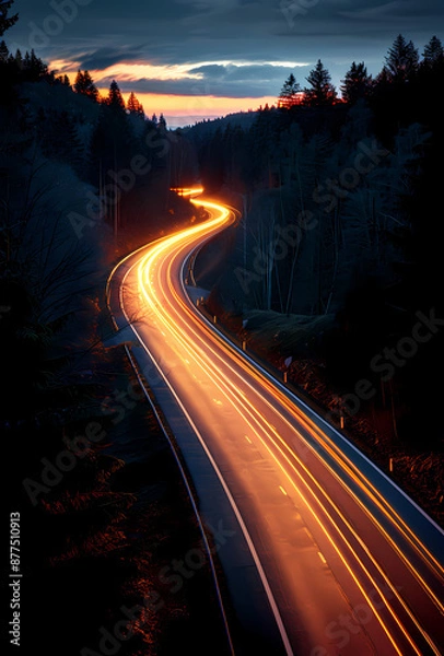 Fototapeta A long exposure photo of a winding road through a forest at dusk, with light trails from passing cars. Perfect for themes of travel, adventure, and motion.

