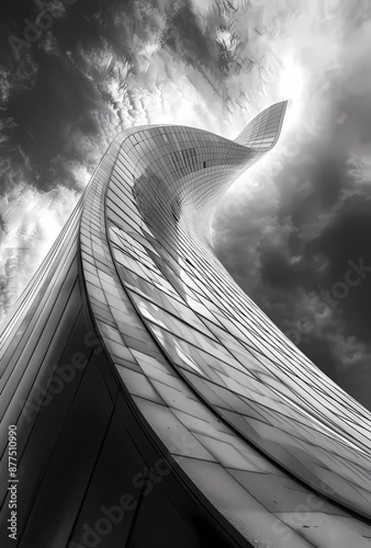 Fototapeta A black and white photo of a modern, twisting skyscraper with dramatic clouds in the background. Perfect for themes of architecture, urban design, and modernity.

