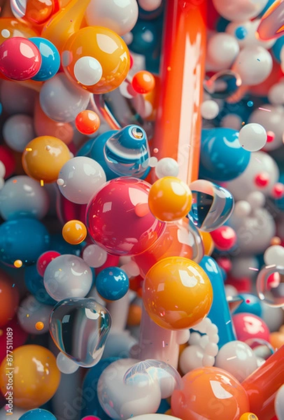 Fototapeta A colorful abstract image featuring a variety of shiny, spherical shapes in orange, blue, and white. Perfect for themes of creativity, modern art, and playfulness.

