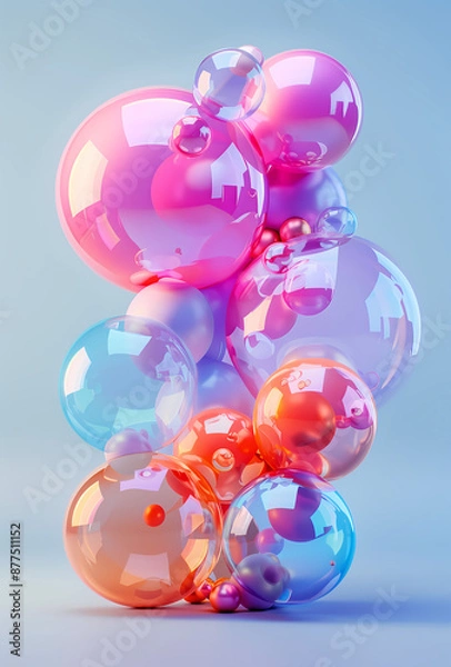 Fototapeta Colorful bubbles stacked against a light blue background, reflecting vibrant hues of pink, blue, and orange. Creates a playful and whimsical visual, ideal for themes of fun and creativity.

