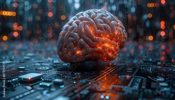 Obraz Intelligence Unleashed: Human Brain and Processor in Data Science, big data and artificial intelligence with a human brain illuminated by a processor,