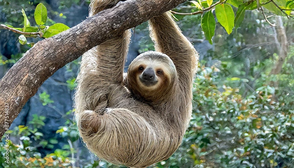 Fototapeta Funny sloth hanging on tree branch, cute face look, perfect portrait of wild animal in the Rainforest of Costa Rica scratching the belly, Bradypus variegatus, brown-throated three-toed sloth, relaxed