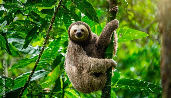 Fototapeta Funny sloth hanging on tree branch, cute face look, perfect portrait of wild animal in the Rainforest of Costa Rica scratching the belly, Bradypus variegatus, brown-throated three-toed sloth, relaxed