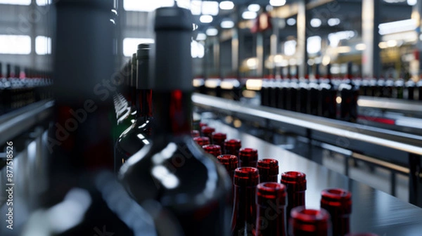 Fototapeta Rows of wine bottles in a modern, industrial bottling plant, capturing the meticulous process of manufacturing and automation.