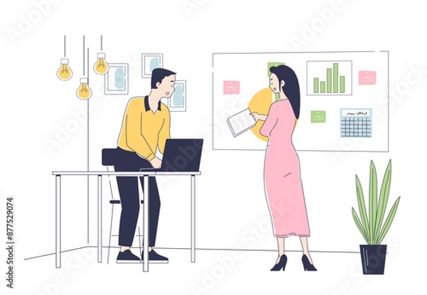 Obraz Coworker showing document. Man and woman with graphs and diagrams. Collaboration and cooperation, teamwork. Colleagues and partners discussing deal or agreement. Linear vector illustration