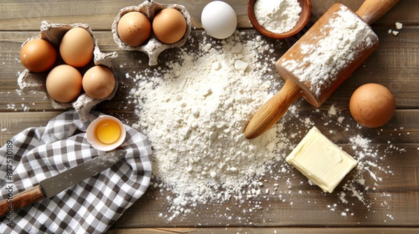 Fototapeta Various baking ingredients, including eggs, butter, flour, and rolling pin, arranged on wooden table. checked cloth and kitchen utensils complete scene, suggesting preparation for baking.