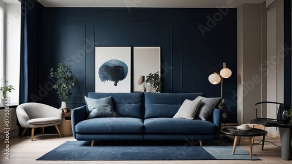 Obraz Modern living room with plush blue sofa patterned rug and abstract art