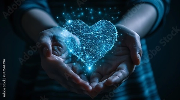 Fototapeta Blue Heart Shape Network in Hands